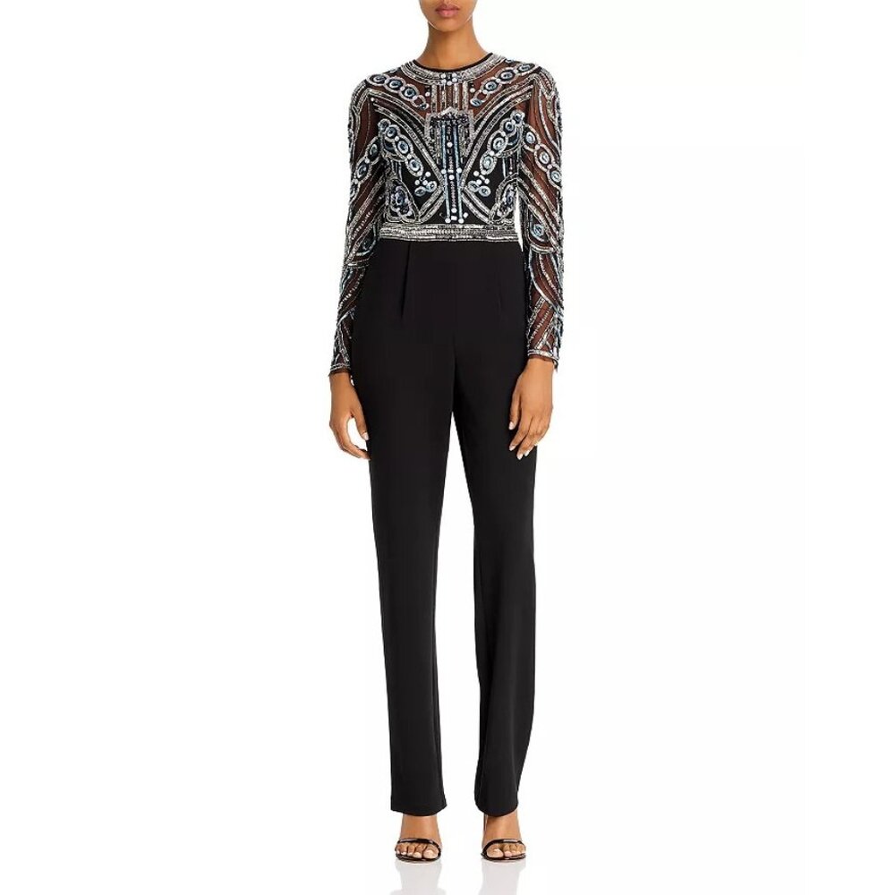 NWT Aidan Mattox Womens Size 6 Black Embellished Beaded and Sequin Jumpsuit NEW